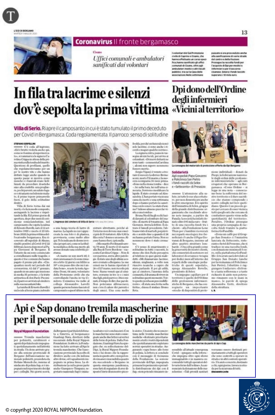 コロナウィルス感染予防支援活動がイタリア現地新聞記事・ニュースに掲載されました。(2020年 4月)