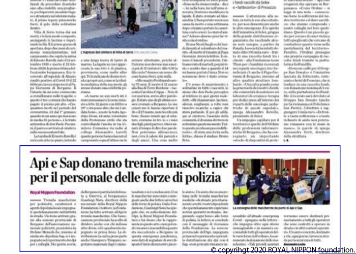 コロナウィルス感染予防支援活動がイタリア現地新聞記事・ニュースに掲載されました。(2020年 4月)